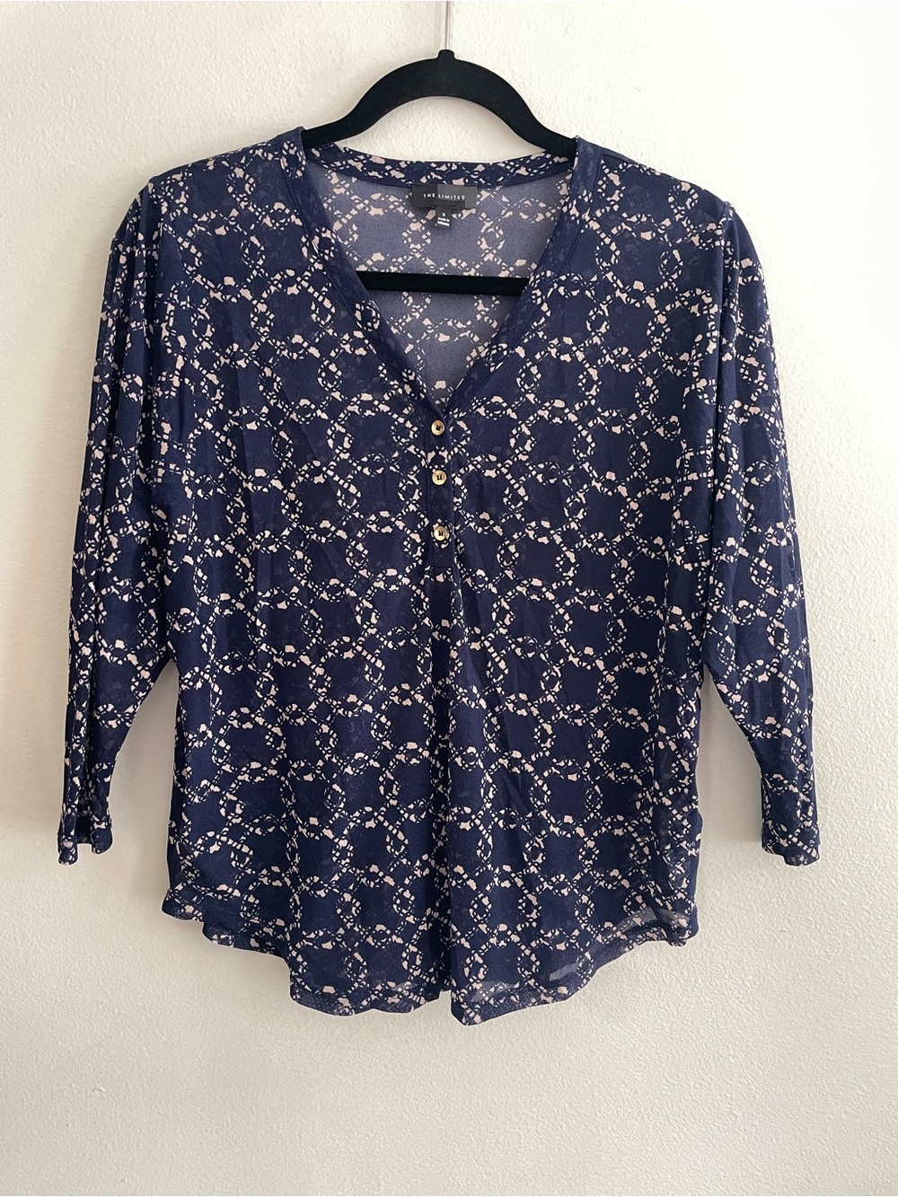 The Limited Navy and Cream Printed 3/4 Sleeve Sheer Blouse